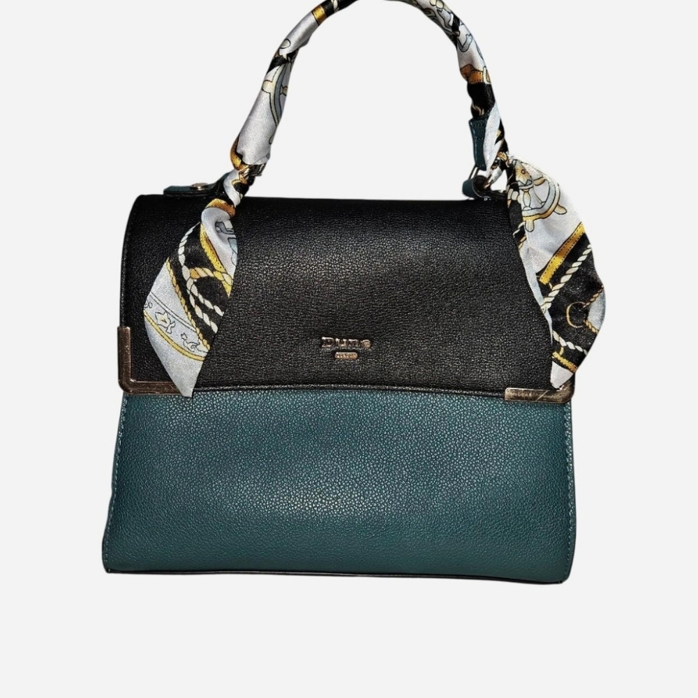 Dune Two-Tone Black and Teal Top-Handle Satchel with Scarf Detail